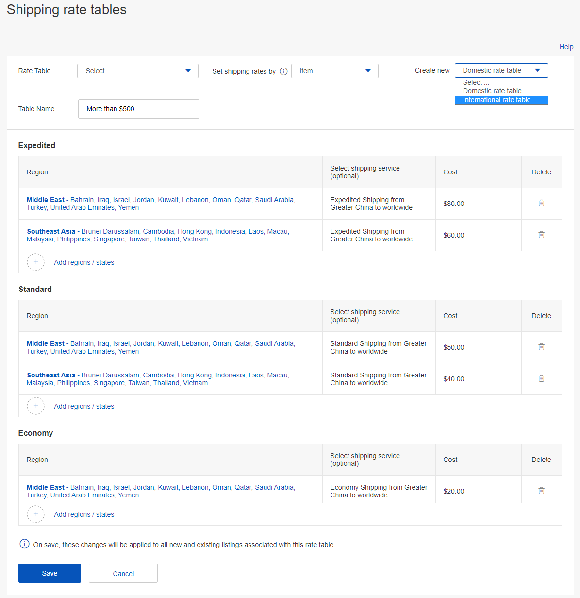 How to use eBay shipping rate table